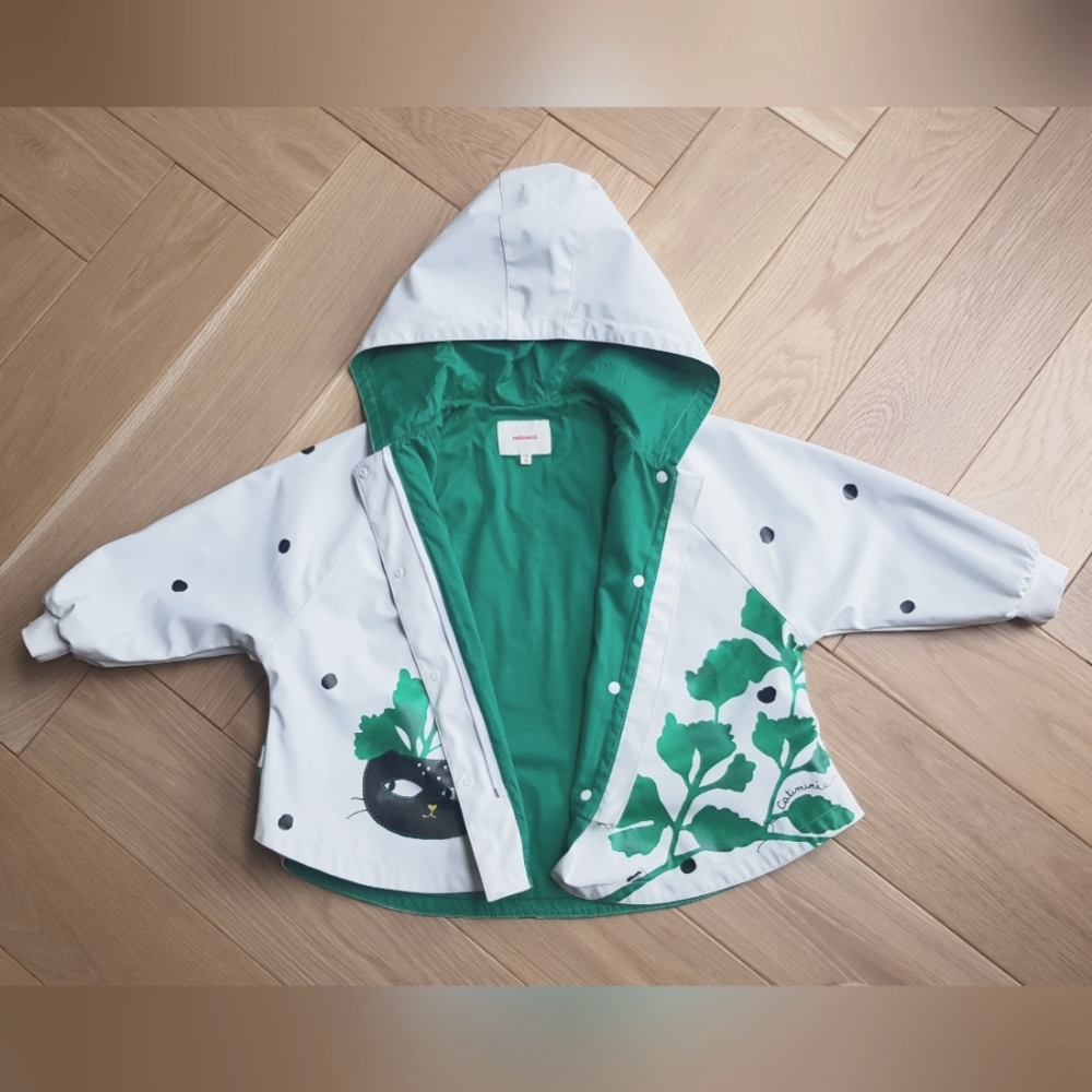 Girl-Catimini Cute Black Cat Oilskin Raincoat - Botanical Garden (3Y)